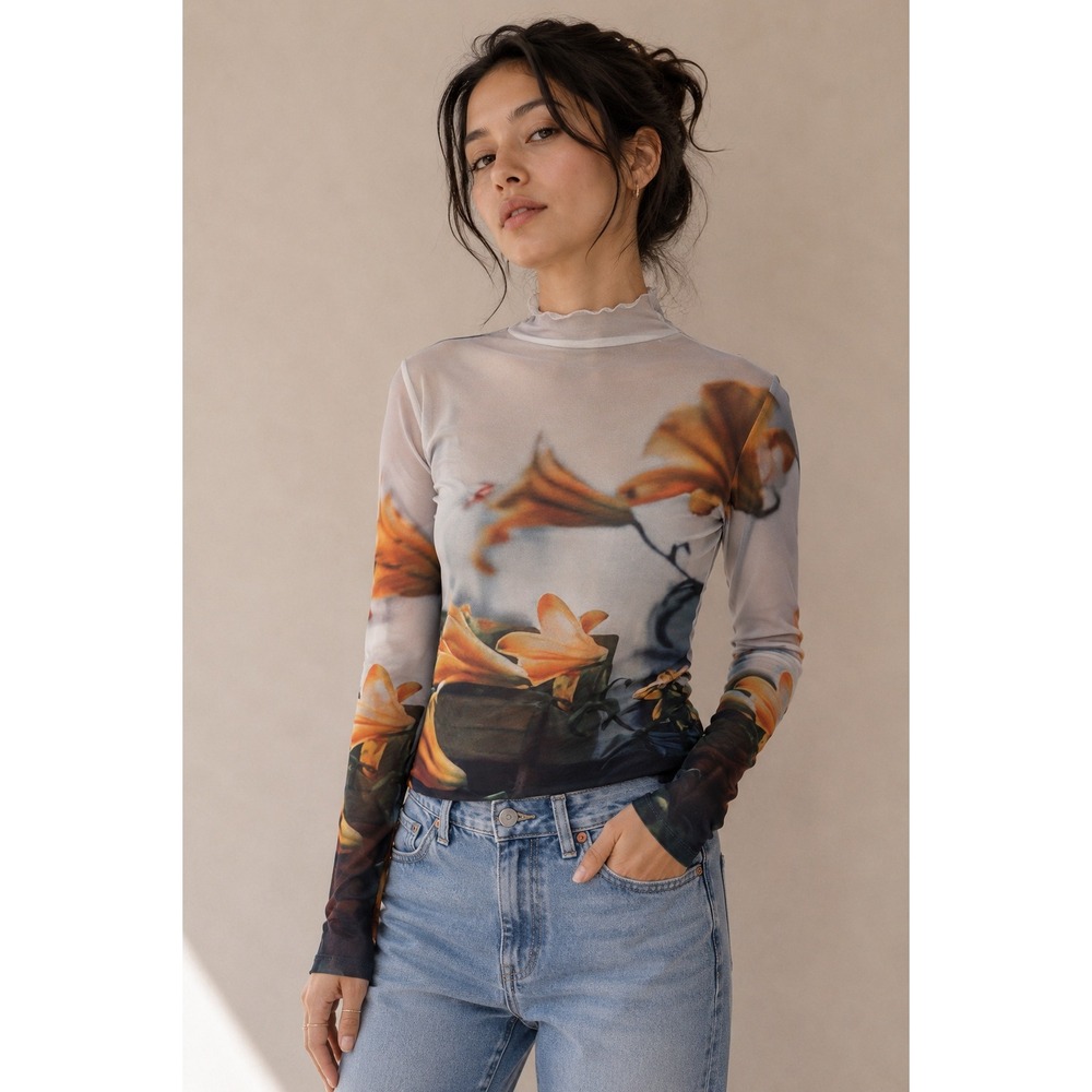 Floral Mesh Mock Neck Long Sleeve Top Orange Lily Print Lettuce Edge Trim Small
